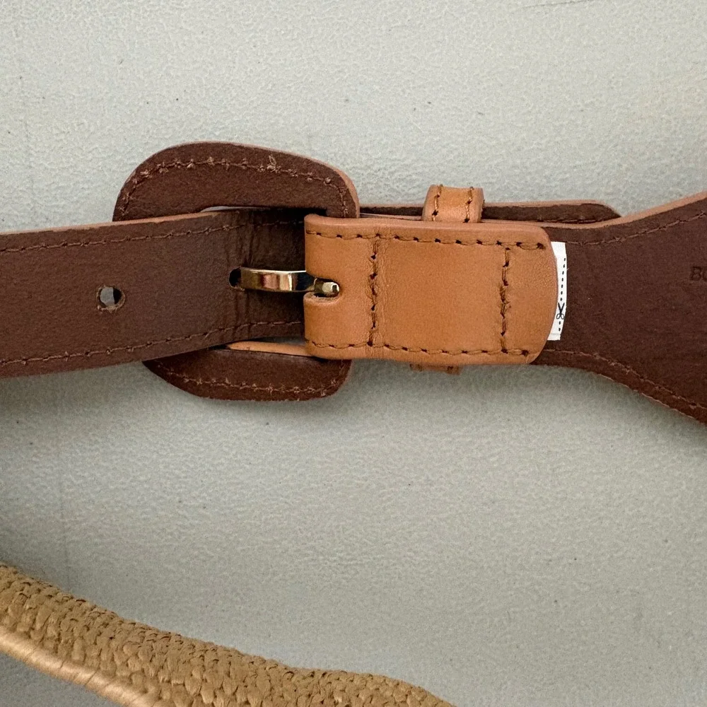 Banana Republic Tan Woven Straw Leather Trim Stretch Waist Belt Small Boho